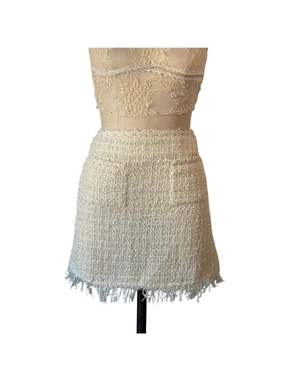 Storets Tweed Fringe Mini Skirt in Ivory Cream White